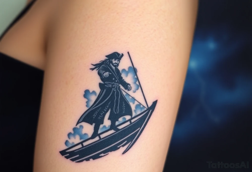 A dark silhouette of Jack Sparrow standing on the bow of a ship, with lightning illuminating the stormy sky behind him in deep blues and purples. tattoo idea