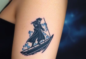 A dark silhouette of Jack Sparrow standing on the bow of a ship, with lightning illuminating the stormy sky behind him in deep blues and purples. tattoo idea