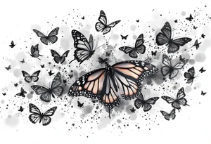 Many different butterflies in many different sizes and colors at least one monarch and in many stages of flight tattoo idea