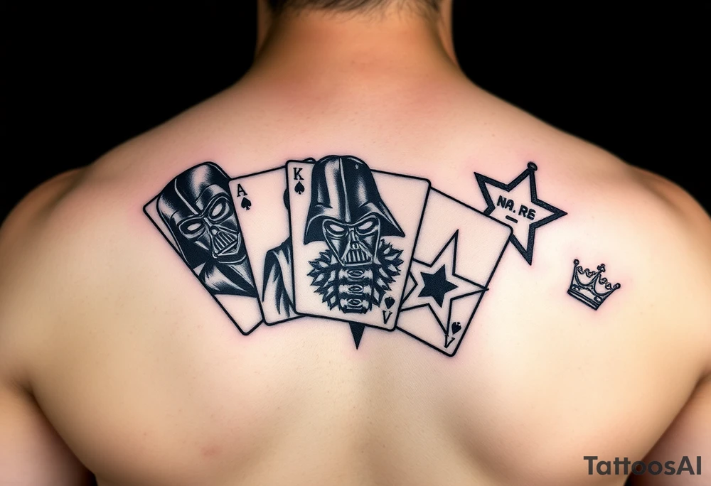 4 cards of a deck, Darth Vader, joker from batman, camo army star, princess crown paw prints tattoo idea