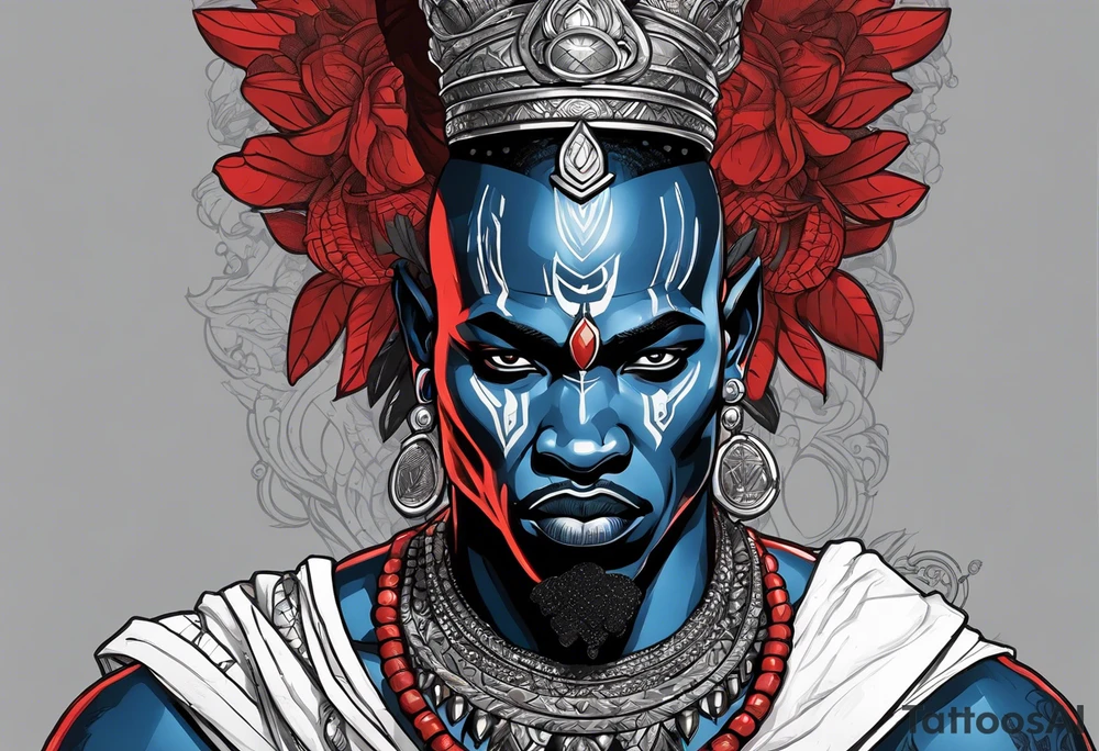 Black-skinned african god of war with a small silver crown, no armor, and two ball necklaces: one blue, other red tattoo idea