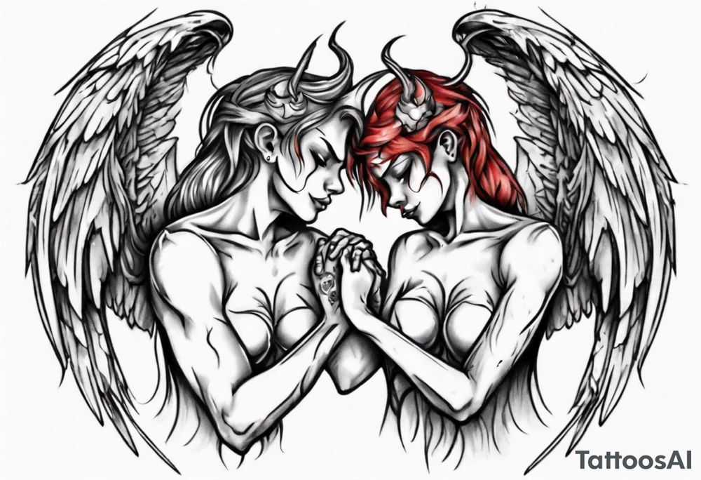 Angel and devil holding each other tattoo idea