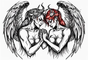 Angel and devil holding each other tattoo idea