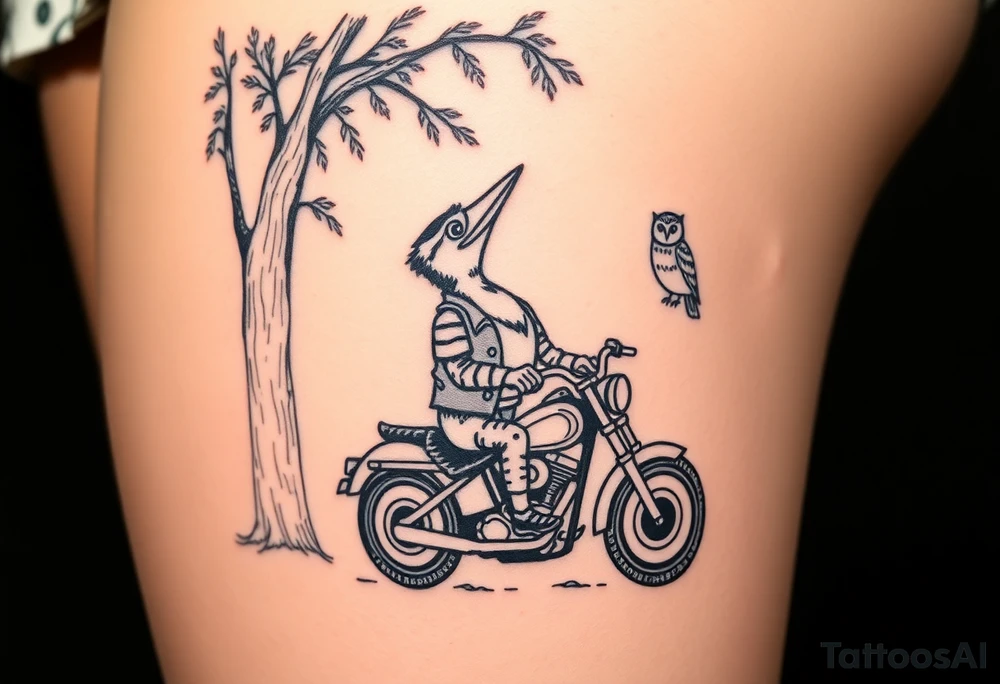 Woody the woodpecker wearing a leather vest that says peckerwoods, on a Harley Davidson under a willow tree, gazing in love at a barn owl tattoo idea