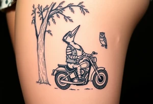 Woody the woodpecker wearing a leather vest that says peckerwoods, on a Harley Davidson under a willow tree, gazing in love at a barn owl tattoo idea