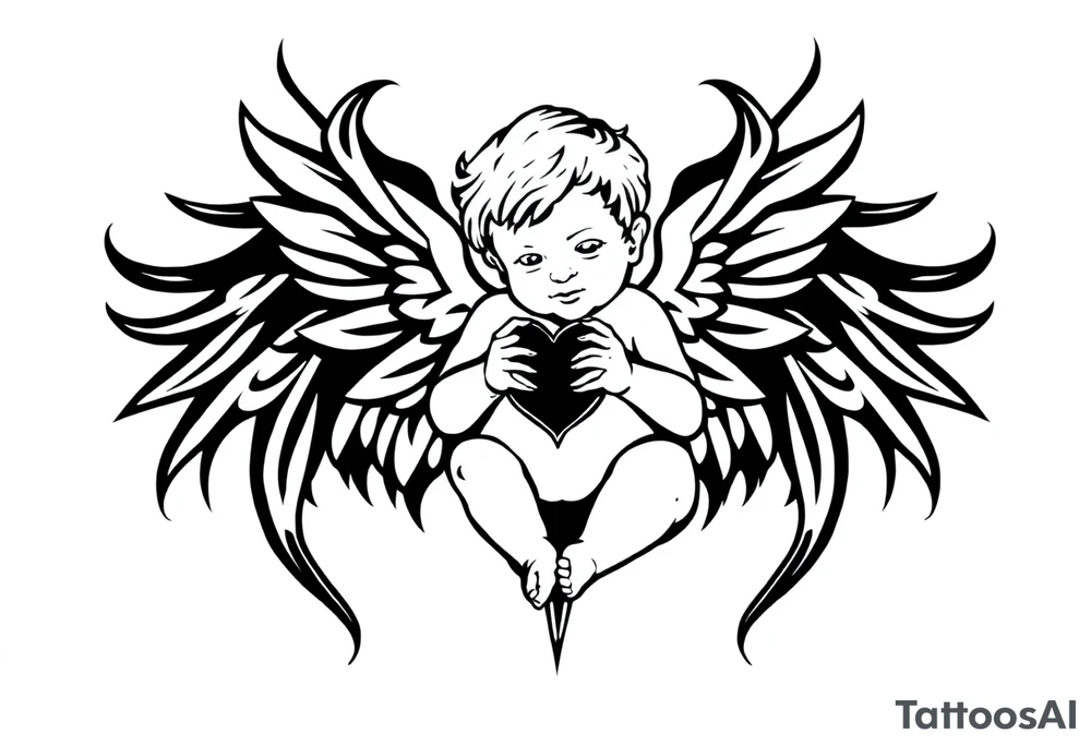 a baby angel holding a heart in one hand and a money bag in the other tattoo idea