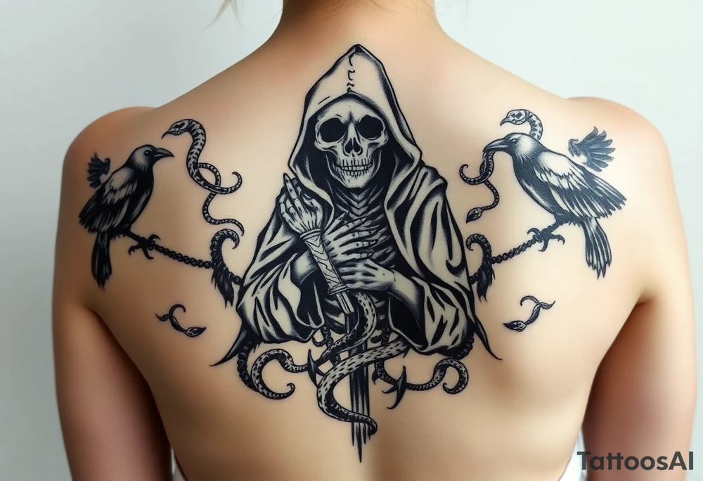 Grim reaper on the middle (big) crows and snakes ans smoke around that tattoo idea