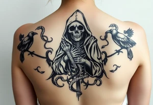 Grim reaper on the middle (big) crows and snakes ans smoke around that tattoo idea