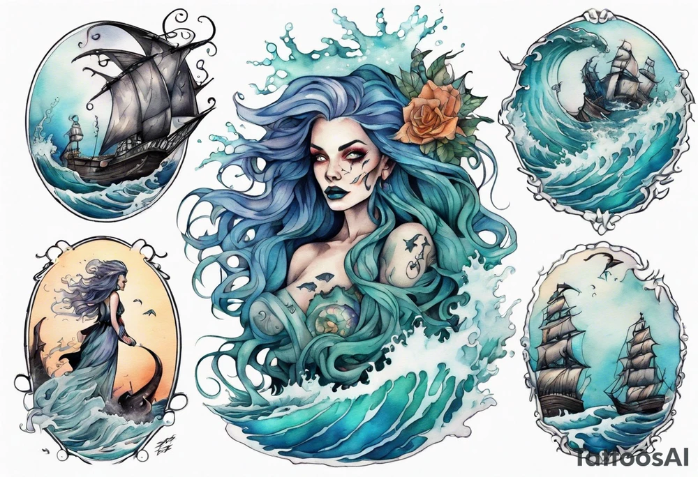 a beautiful sea witch surrounded by crashing waves tattoo idea