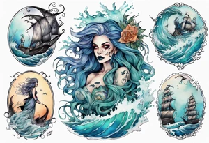 a beautiful sea witch surrounded by crashing waves tattoo idea