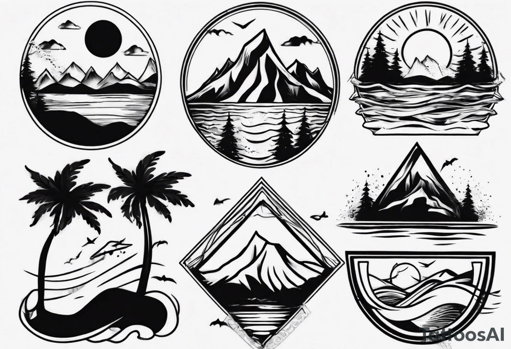 portrait tattoo with mountains, beach, waves, sunset, camping, trees tattoo idea