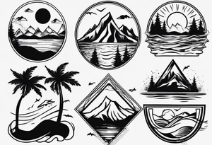 portrait tattoo with mountains, beach, waves, sunset, camping, trees tattoo idea