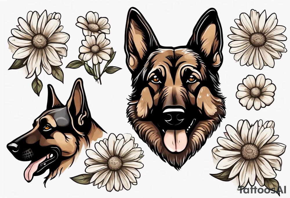 Dark Brown German shepherd portrait surrounded by  daisies tattoo idea