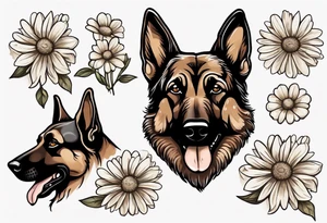 Dark Brown German shepherd portrait surrounded by  daisies tattoo idea