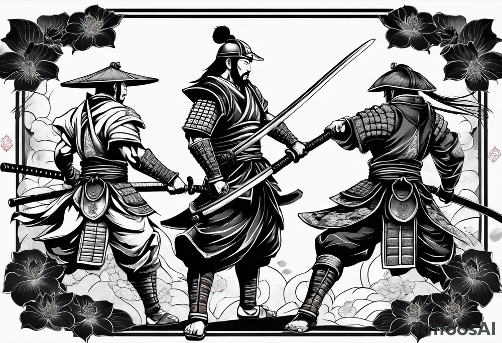 Samurai warrior and spartan warrior facing off, include lotus flowers in the background, both warriors should appear aggressive looking ready for battle,  turn this into a forearm sleeve tattoo idea