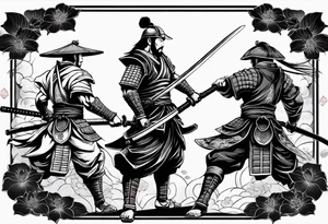 Samurai warrior and spartan warrior facing off, include lotus flowers in the background, both warriors should appear aggressive looking ready for battle,  turn this into a forearm sleeve tattoo idea