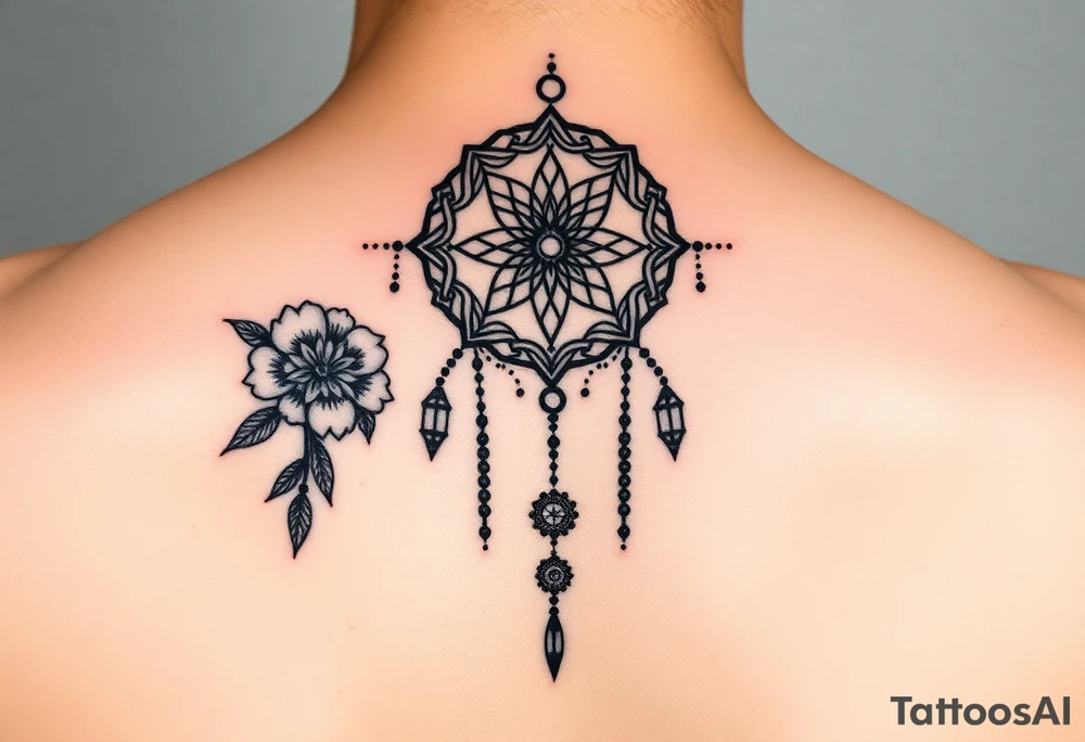Boho dream catcher with gothic compass and hourglass. Beautiful flowers and an ornamental chandelier like look tattoo idea