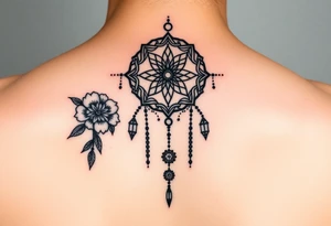 Boho dream catcher with gothic compass and hourglass. Beautiful flowers and an ornamental chandelier like look tattoo idea