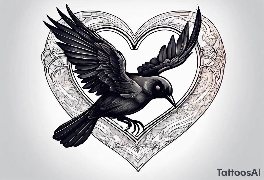 heart locket with black bird flying away with key tattoo idea