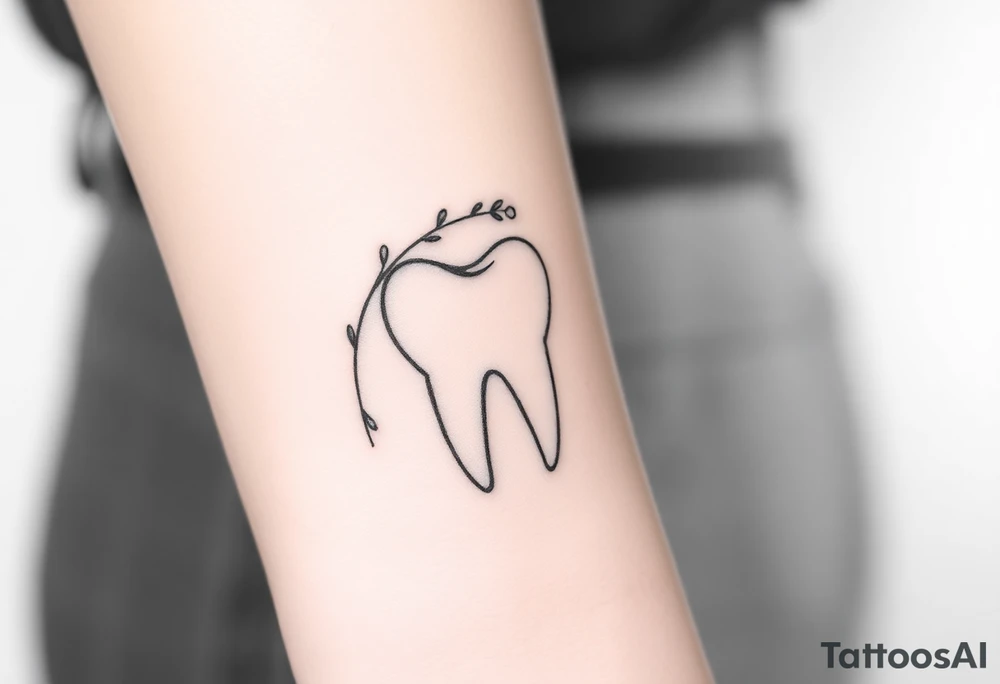 Minimalist molar tooth with a thin, arching branch of baby’s breath leaning gently against one side, airy and elegant.” tattoo idea