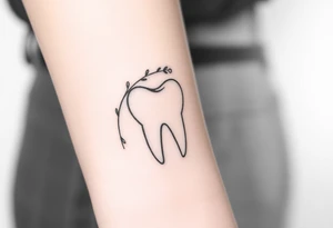 Minimalist molar tooth with a thin, arching branch of baby’s breath leaning gently against one side, airy and elegant.” tattoo idea