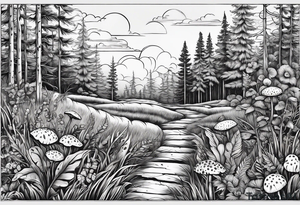 forest floor inspired realistic tattoo, which includes grass, curly ferns and dead leaves as the bulk of the tattoo. details to include: three very tiny strawberries, couple of VERYsmall mushrooms, a tiny bumblebee flying nearby tattoo idea
