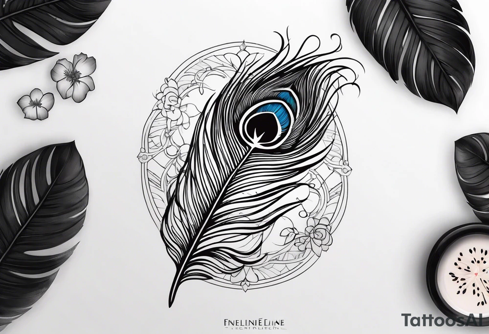 Fineline peacock feather with hibiscus flowers tattoo idea