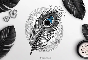 Fineline peacock feather with hibiscus flowers tattoo idea