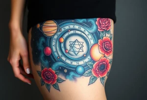 Milky way galaxy with planets with zodiac symbols and protection runes with red roses and sunflowers tattoo idea