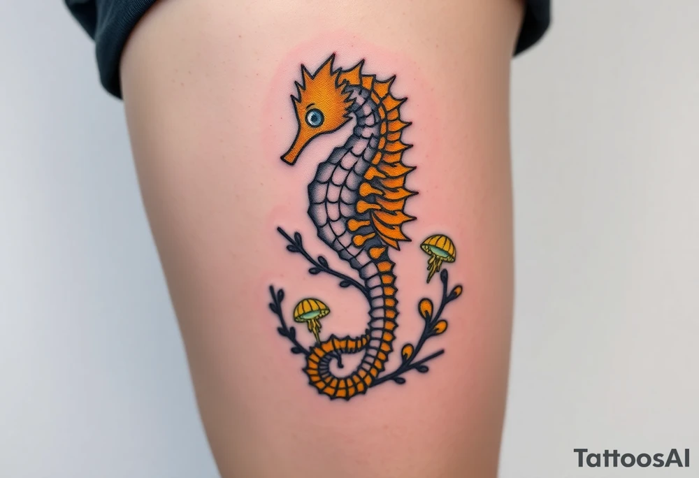 A golden seahorse wrapped in a delicate coral reef, with small glowing bioluminescent jellyfish floating nearby. tattoo idea