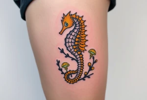 A golden seahorse wrapped in a delicate coral reef, with small glowing bioluminescent jellyfish floating nearby. tattoo idea