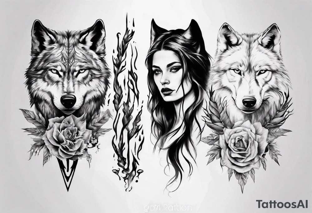 Split woman wolf tattoo idea