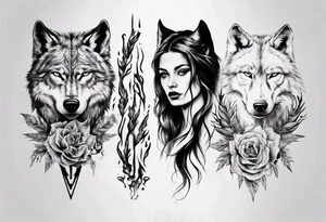 Split woman wolf tattoo idea