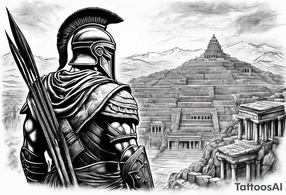 Spartan solider looking at ancient city tattoo idea