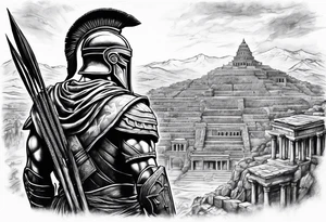 Spartan solider looking at ancient city tattoo idea