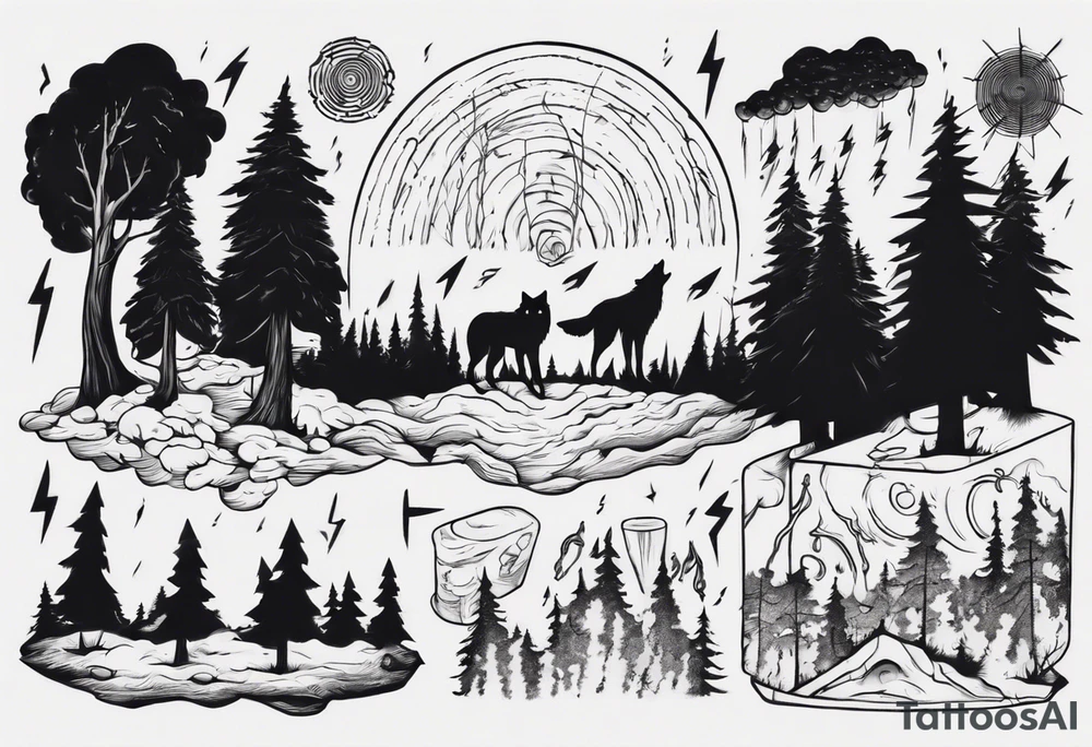 a thunder and lightning storm over a forest with a distant wolf howling and a drum circle tattoo idea