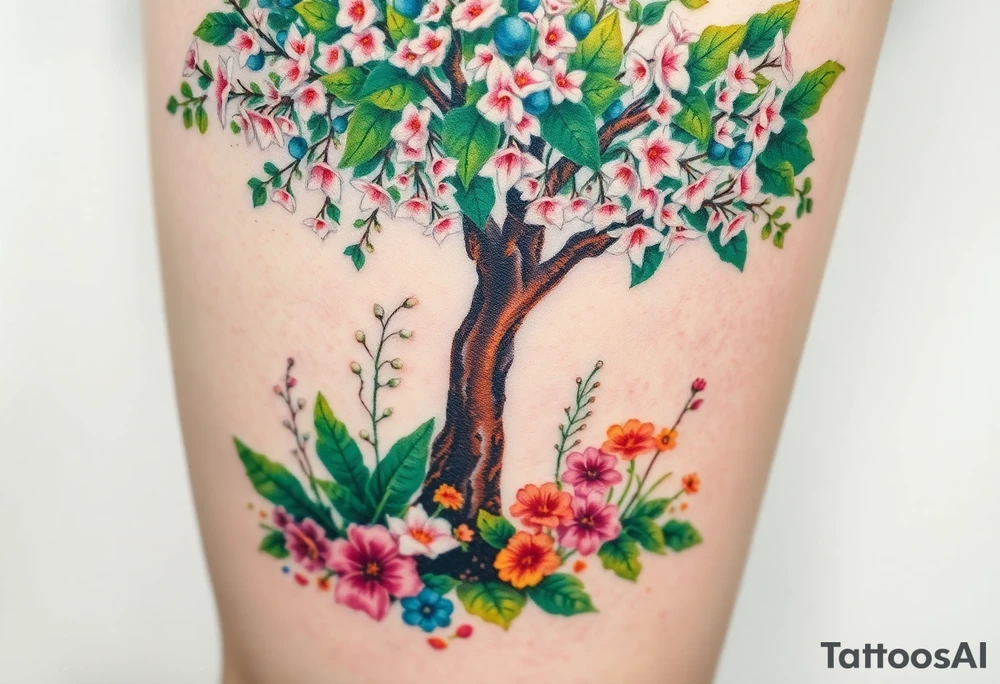 Lilly of the vally plants underneath a blooming hawthorn tree with other colorful lilly plants on ground tattoo idea