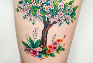 Lilly of the vally plants underneath a blooming hawthorn tree with other colorful lilly plants on ground tattoo idea