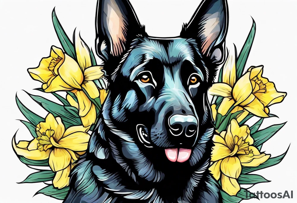 Black German shepherd portrait brightly colored with daffodils tattoo idea