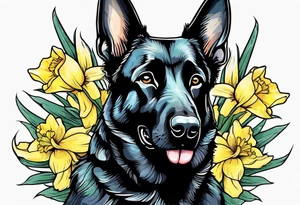 Black German shepherd portrait brightly colored with daffodils tattoo idea