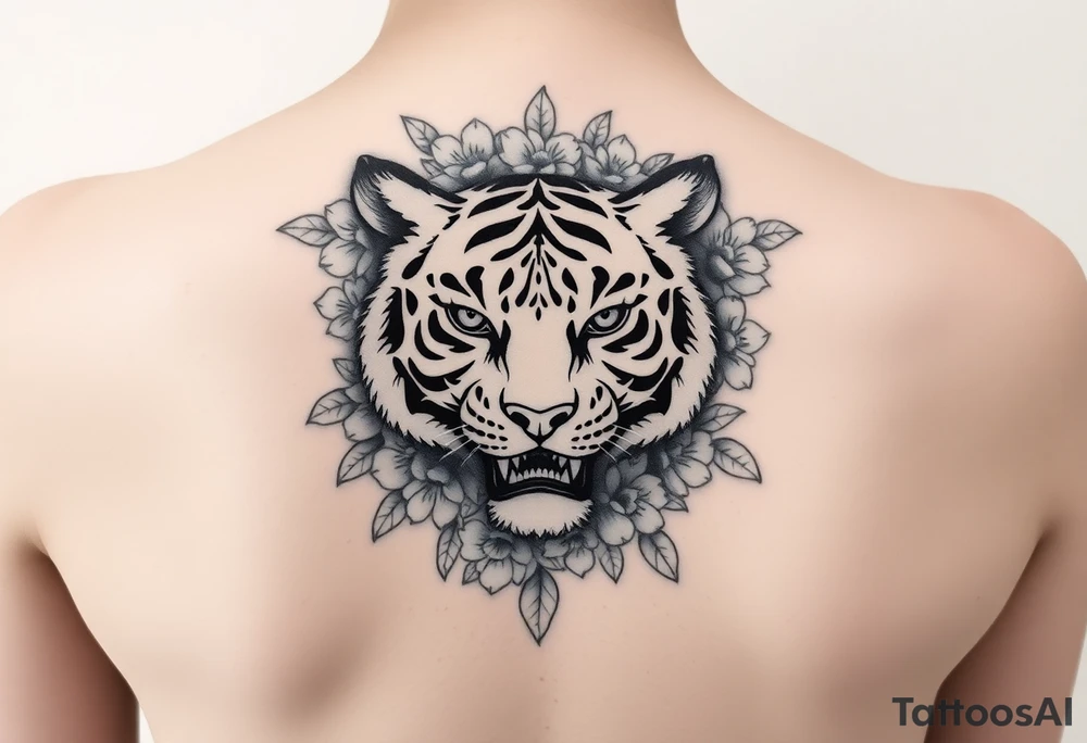 a whole tiger with some flowers around it tattoo idea