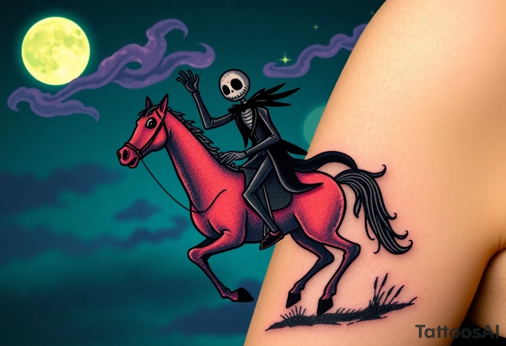 Tim Burton’s sleepy hallow headless horseman is riding in the night he holds his head in hand as his horse bucks upwards and dripping with muted reds, dusty pinks, and eerie green glow.purple and cyan smokey clouds swirl in the crescent moonlit sky thats sprinkled with stars tattoo idea tattoo idea
