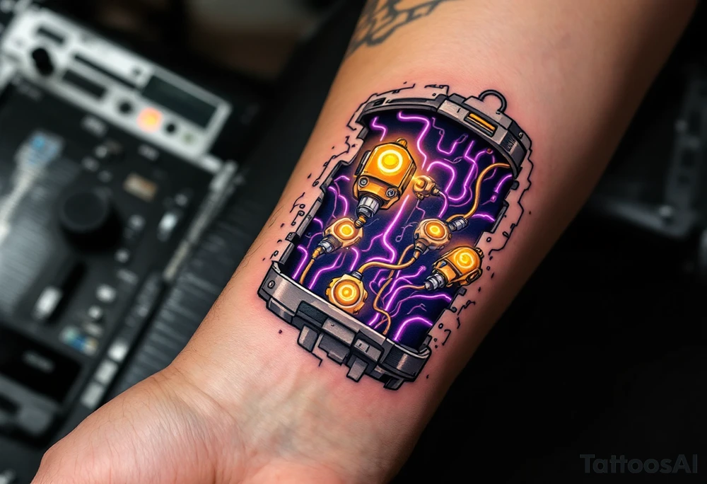 A tattoo of a partially opened human forearm revealing glowing golden servos and deep purple wiring inside. tattoo idea
