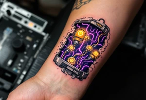 A tattoo of a partially opened human forearm revealing glowing golden servos and deep purple wiring inside. tattoo idea
