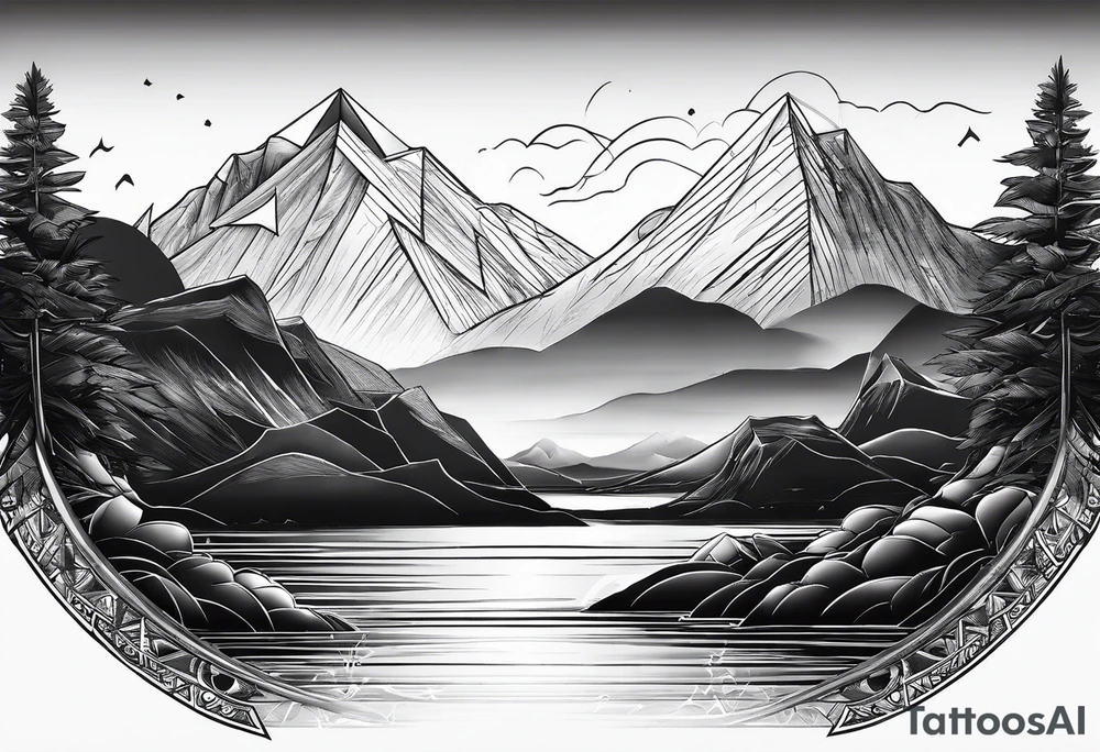 Two triangles, one triangle has the a mountain landscape during the night and the other one has beach sunset landscape. tattoo idea