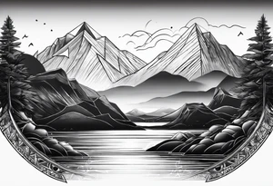 Two triangles, one triangle has the a mountain landscape during the night and the other one has beach sunset landscape. tattoo idea