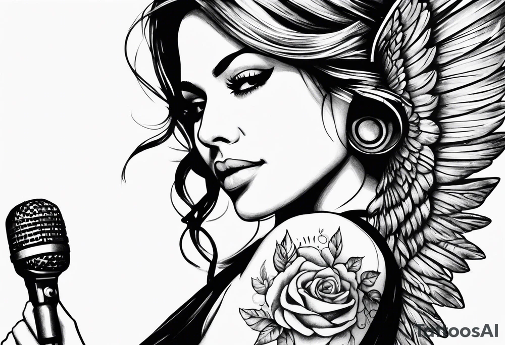 Microphone and musical notes and guitar and wings and female tattoo idea