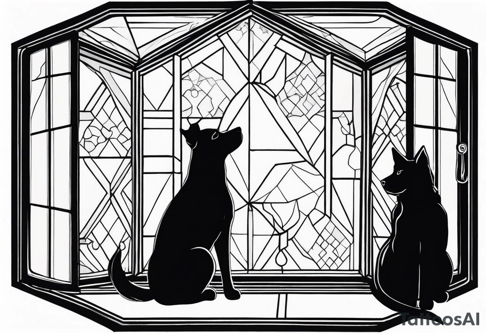 dog and cat sitting on floor and looking out octagonal window together tattoo idea dog and cat sitting on floor and looking out octagonal window together tattoo idea