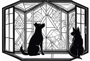 dog and cat sitting on floor and looking out octagonal window together tattoo idea