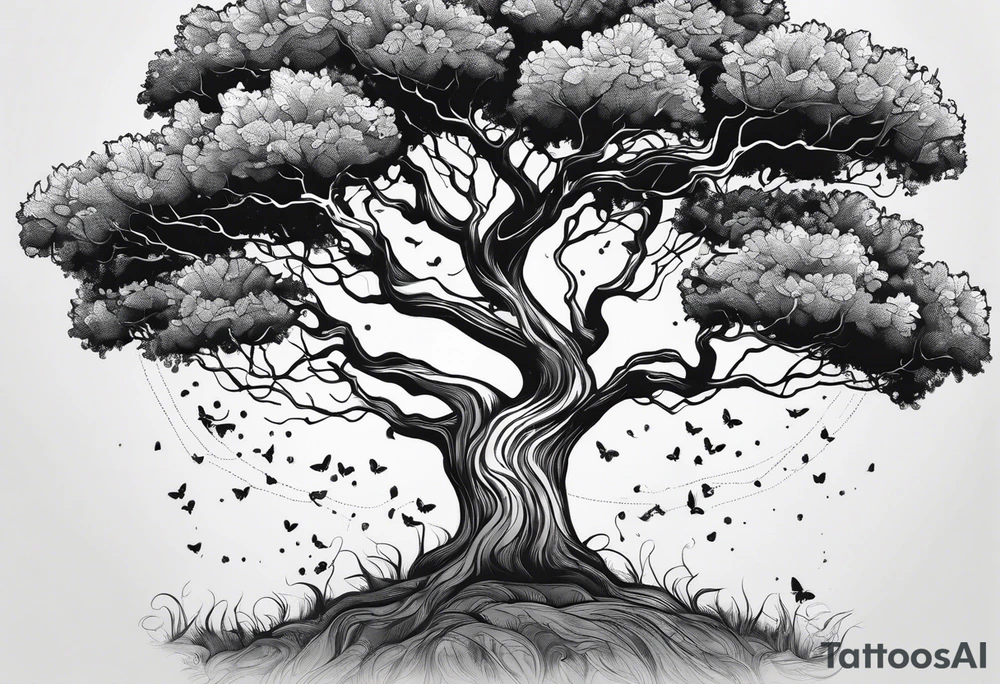 One line tattoo of oak tree with little gift at the bottom tattoo idea